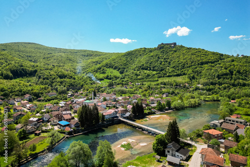 Town of Kulen Vakuf and Una river in Bosnia and Herzegovina. A view from Ostrovica Castle above Kulen Vakuf with the view of Una River.