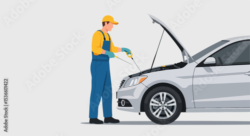 Flat-style vector illustration of a young male mechanic in yellow and blue workwear inspecting the oil level of a light gray car with its hood open