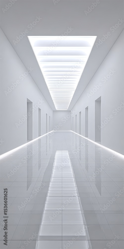 Obraz premium Symmetrical Bright Interior Perspective of a Minimalist White Hall with Illuminated Floor and Doors