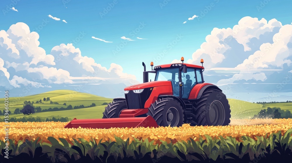 Obraz premium Red tractor working a golden field