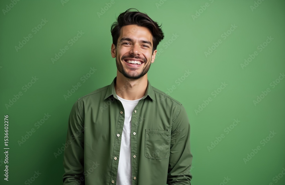 Naklejka premium Portrait of cheerful young man with attractive smile. He wears green shirt with white t-shirt underneath against a green background. Positive emotions, joy. Confident, friendly face.