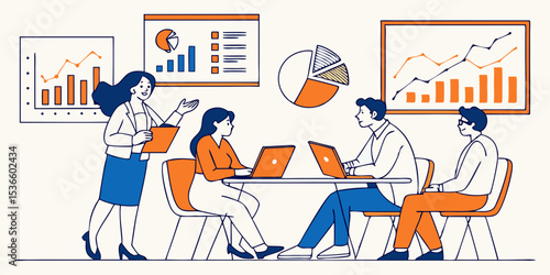 Business people working together at a computer in an office meeting