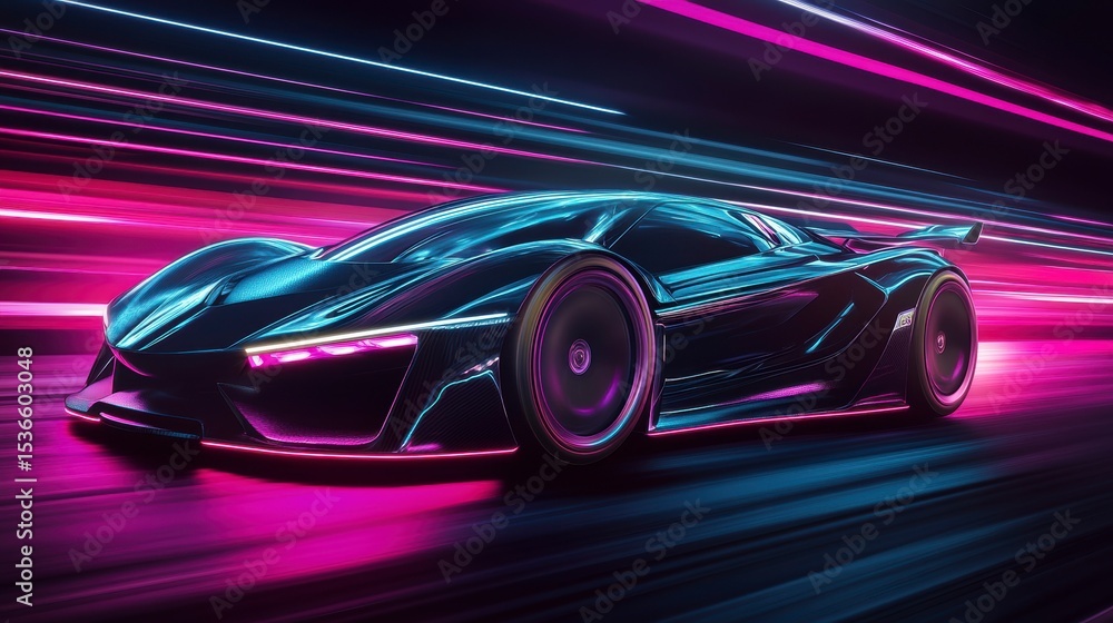 Futuristic sports car speeding through neon-lit city streets at night. Futuristic sports car speeding through neon-lit city streets at night.