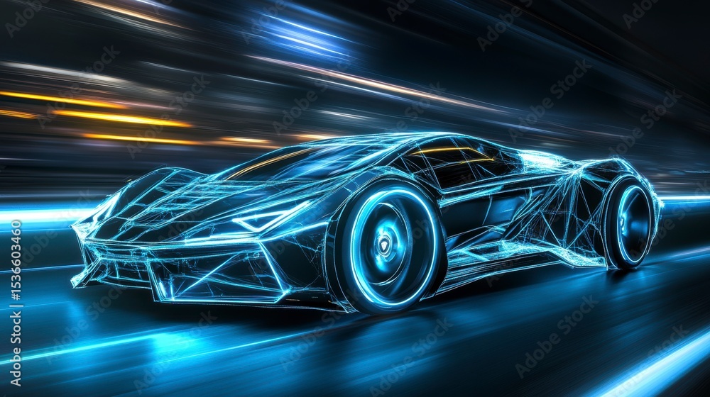 Futuristic sports car speeding on a highway at night, glowing with blue light trails. Futuristic sports car speeding on a highway at night, glowing with blue light trails.