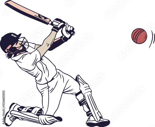 Cricket player striking a ball dynamic action pose
