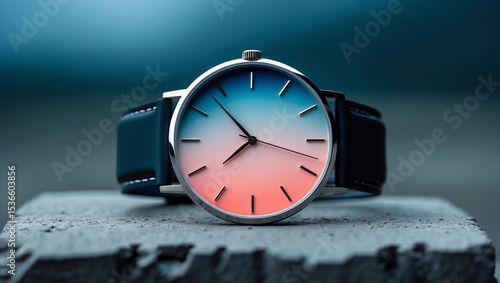 Wallpaper Mural Minimalist Gradient Watch with Blue to Coral Dial on Concrete Block Torontodigital.ca