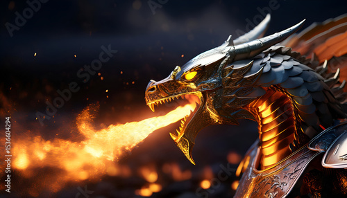 dragón metálico con armadura de caballero lanzando fuego por la boca