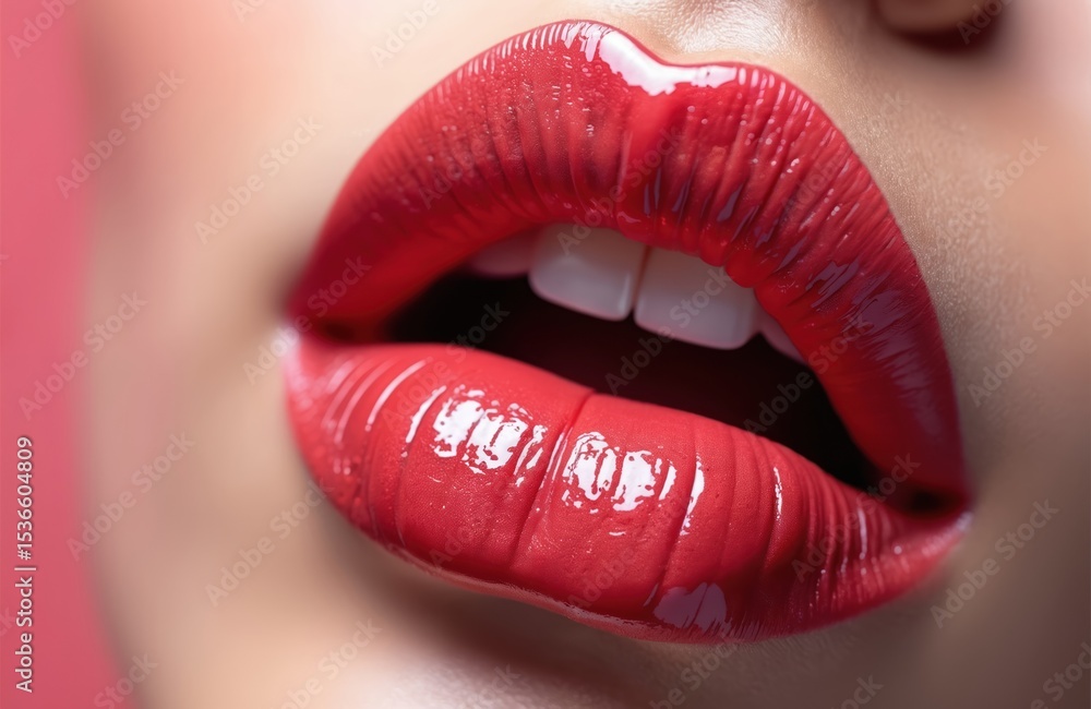 Obraz premium Close-up of luscious red lipstick on woman lips. Glossy makeup, perfect shape. Beauty product ad poster for cosmetics, beauty, fashion. Cosmetology, skincare, lip care.