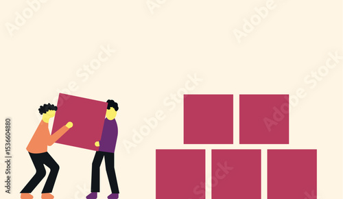 Two person together arranging blocks, teamwork illustration