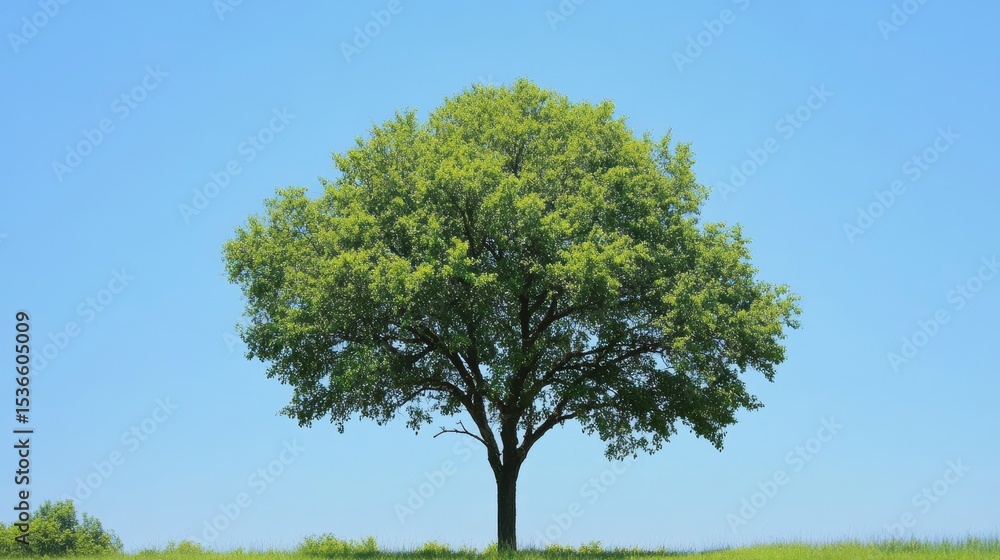 Obraz premium Solitary tree on a vibrant green field under a clear blue sky.