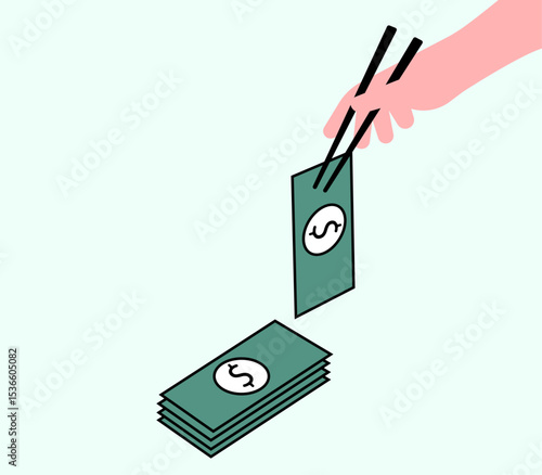 Hand picking up money from money bundle illustration