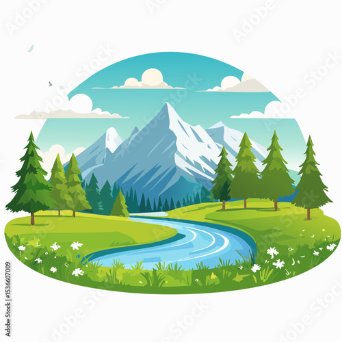 Alpine meadows and beautiful mountains, forests and river, vector illustration