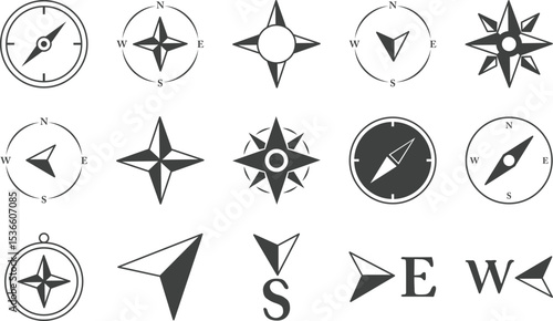 Collection of Compass Rose Icons and Symbols Navigation, Direction, and Exploration Graphics