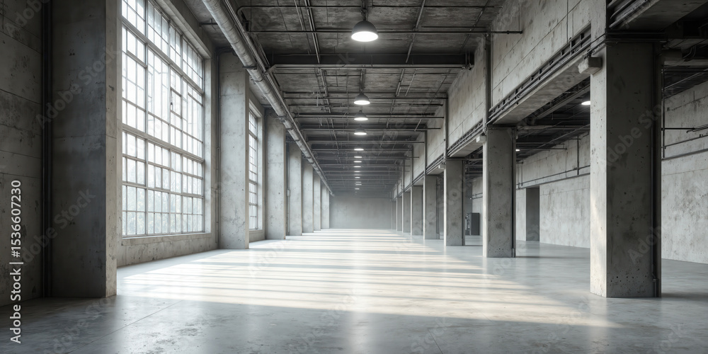 Concrete Warehouse Interior Long Hallway Perspective with Sunlight through Windows Concrete Warehouse Interior Long Hallway Perspective with Sunlight through Windows