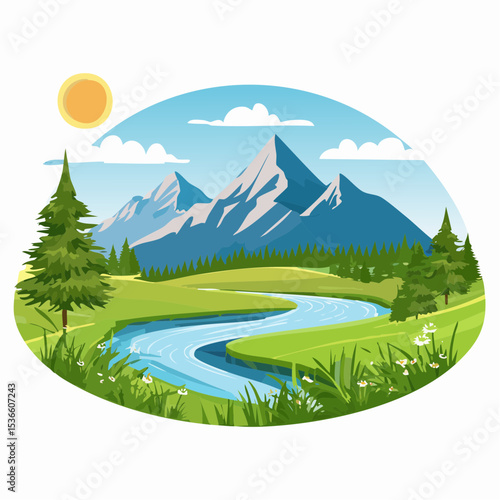 Alpine meadows and beautiful mountains, forests and river, vector illustration