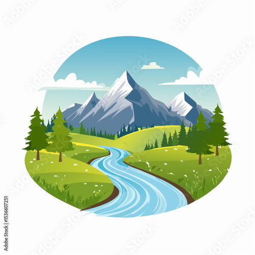 Alpine meadows and beautiful mountains, forests and river, vector illustration