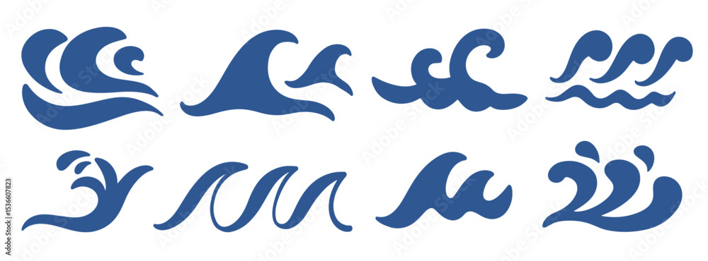 Abstract blue ocean waves logo flat icons set Abstract blue ocean waves logo flat icons set