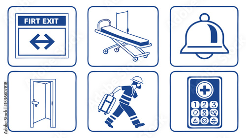 Line Art Icon Set Female Medical Professionals Hospital Emergency Room Symbols Blue White Background