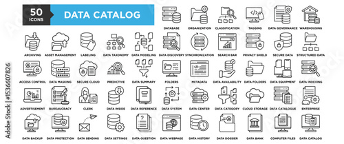 50 Data Catalog icon set. Containing design Data inside data reference, data system, data center, data category, cloud storage, catalogue