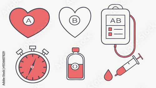 Line Art Set Icon Elderly Healthcare Blood Types Heartbeat Stopwatch Blood Bag Syringe Blood Bottle
