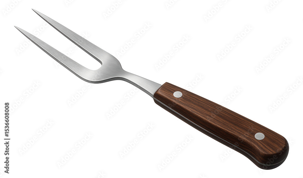 Stainless steel carving fork with a wooden handle, designed for precision and control while cutting meat, on transparent background. Stainless steel carving fork with a wooden handle, designed for precision and control while cutting meat, on transparent background.
