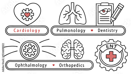 Minimalist Line Art Icon Set Illustrating Cardiology Pulmonology Dentistry Ophthalmology Orthopedics and E N T Medical