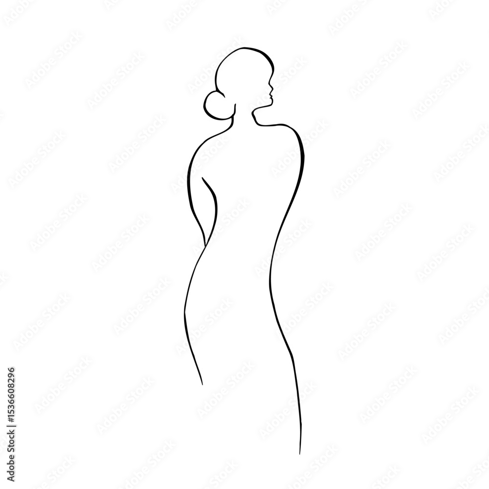 Fototapeta premium Vector silhouette of a woman, feminine figure of a lady. Hand painted linear contour. Graphic clipart isolated. Tattoo and wedding illustration. For designers, invitations, decoration, postcards