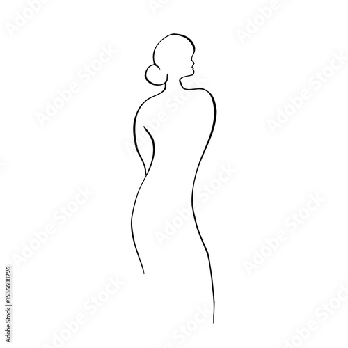 Vector silhouette of a woman, feminine figure of a lady. Hand painted linear contour. Graphic clipart isolated. Tattoo and wedding illustration. For designers, invitations, decoration, postcards