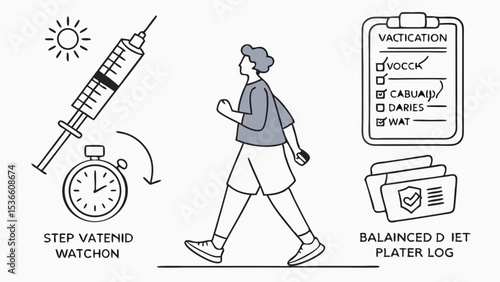 Line Art Icon Set for Surgical Vaccination Steps Stopwatch Person Walking Balanced Diet Plan