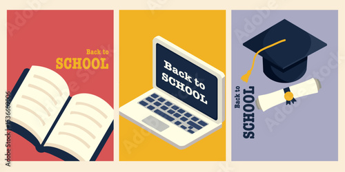 vector illustration background abstract colorful school elements, book, laptop and toga. back to school text design