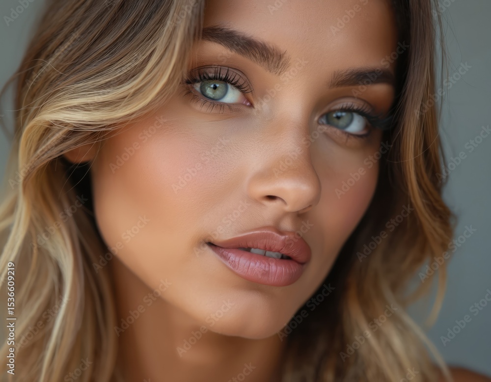Close-up portrait of young woman with perfect skin, makeup. Beautiful model with blonde hair, blue eyes, soft lips. Beauty, skincare, cosmetology, healthy lifestyle. Close-up portrait of young woman with perfect skin, makeup. Beautiful model with blonde hair, blue eyes, soft lips. Beauty, skincare, cosmetology, healthy lifestyle.