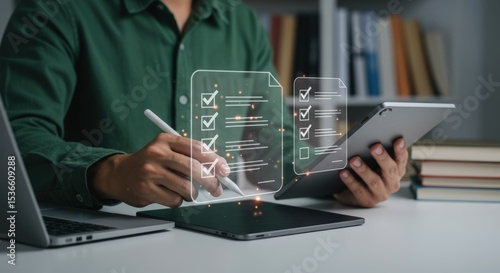 A person in a green shirt uses a stylus to check off items on a digital checklist displayed on a tablet, working in a library setting