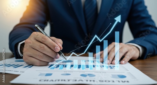 A businessman analyzes financial charts showing upward growth trends, meticulously reviewing data with a pen in hand