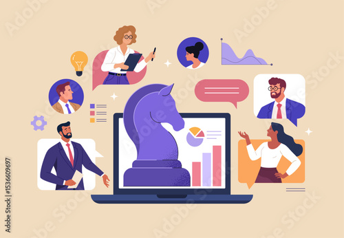Online Business Concept. Vector cartoon illustration of a group of diverse people discussing a strategy on a laptop monitor via video call. Isolated on background.