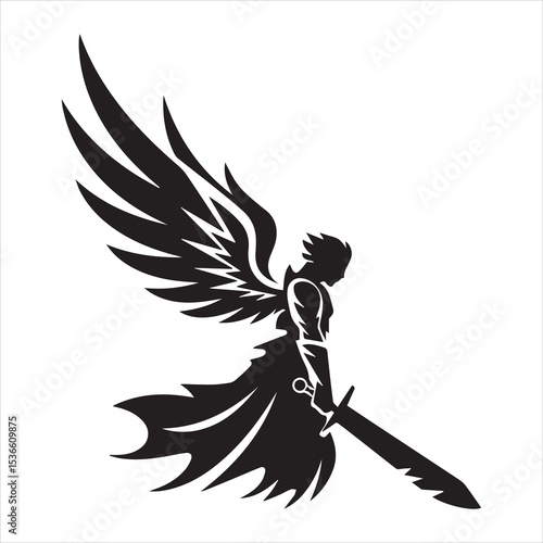 Winged Warrior Angel Silhouette with Sword Vector Icon