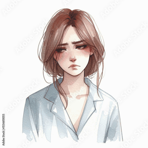 Grim Hue woman in a bad mood isolated watercolor vector illustration svg