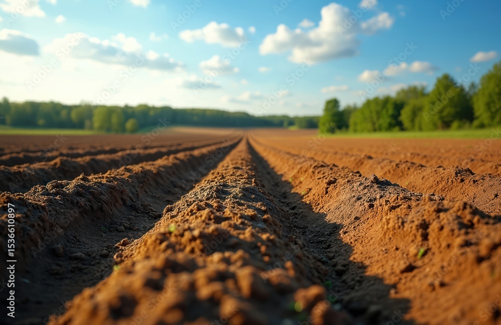 Fototapeta premium Plowed field furrows under blue sky. Arable land, farm. Agronomy, agriculture, farming, cultivation. Horizon with trees. Rural landscape, countryside. Farming industry background. Agricultural