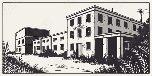 Grunge-Style Vector Line Art of Abandoned Building A Black and White Illustration of Decaying Industrial Structures