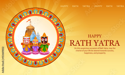 Lord Jagannath, Balabhadra and Subhadra on annual Ratha Yatra in Odisha festival background