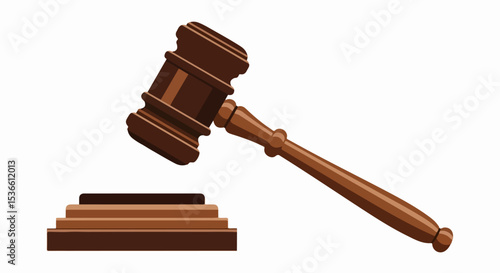 Minimalist flat illustration of a gavel poised above a sound block, rendered in dark and light brown tones with clean, graphic lines