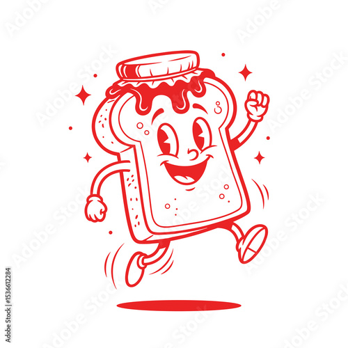 Happy Red Toast Cartoon Character Jumping with Jam Jar