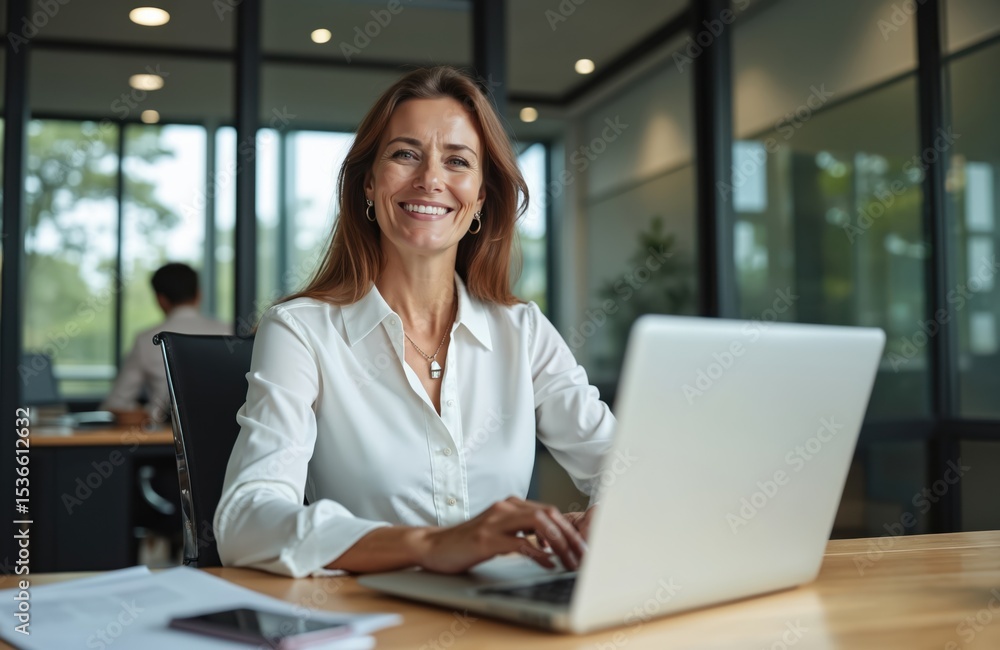 Happy mid aged business woman executive using laptop at office workplace. Smiling pro mature female manager works on computer. Positive female company leader at work. Happy mid aged business woman executive using laptop at office workplace. Smiling pro mature female manager works on computer. Positive female company leader at work.