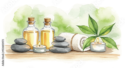 Spa Still Life with Massage Oils, Stones, and Candles

