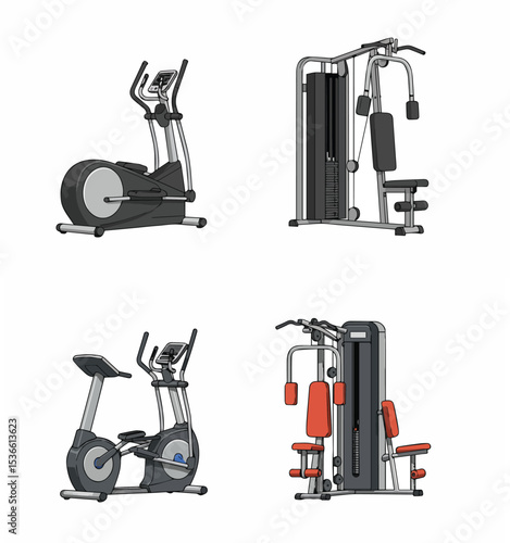 Gym Equipment Set: Elliptical, Exercise Bike, and Multi-Gym


