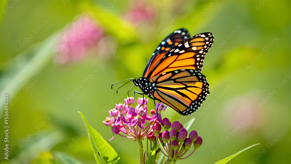 Fototapeta premium A monarch butterfly with vibrant orange and black wings delicately sips nectar from a colorful flower in a summer garden