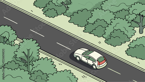 Aerial top view of electric vehicle driving on highway road in green forest. Sustainable transportation, zero emissions, and eco-friendly mobility for reducing carbon footprints. Road infrastructure, 