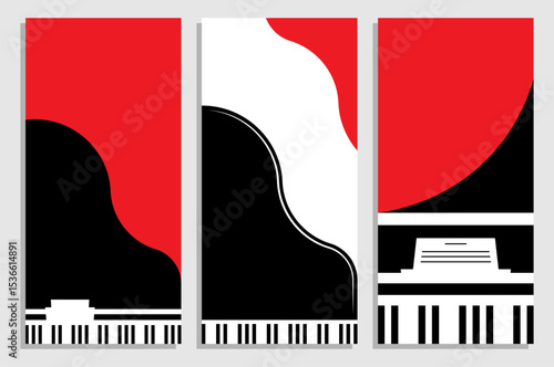 Set of vertical flyers with concert piano royal top view. Pianist place under spotlights. Templates for party invitation, banners, brochures print. Black, red and white minimalistic vector