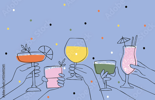 Poster with cocktails in hands on blue background. Poster with hands holding alcoholic drinks and falling confetti. Illustration for bar or party on dark background. Flat vector illustration