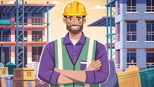construction worker proudly observing building progress on site, wearing safety gear. Ideal for themes of development, teamwork, labor pride, and industrial success visuals