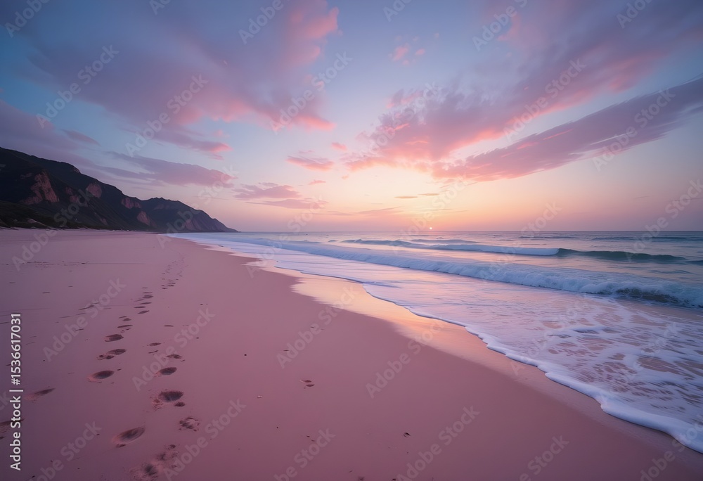 Fototapeta premium Pink Sand Beach with Soft Waves and Gentle Foam – Dreamy Coastal Landscape